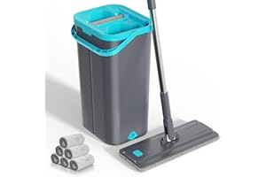 ‎MASTHOME Wischmopp Set mit Eimer,Masthome Bodenwischer mit Auswringfunktion und 6 Mikrofaser Wischpads,2 In 1 Wischmop Set für Alle Hartböden, Grau+Blau