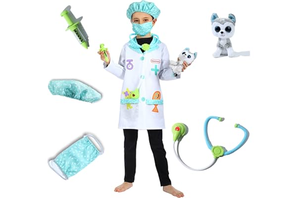 Sincere Party Costume vétérinaire de jeu de rôle pour enfants, vétérinaire, médecin, laboratoire, animal en peluche, 7 à 9 ans