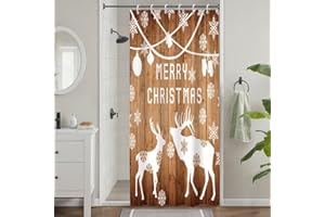 Tenda Doccia Antimuffa, Uiiooazy Tenda Doccia Piccola 90x180cm Marrone Bianco Buon Natale Inverno Tavola di Legno Rustico Tende da Bagno Tessuto Lavabile Impermeabile Tende Vasca da Bagno con 6 Anelli