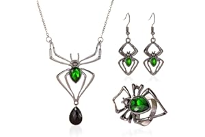 Clataly Gothic Spider Necklace Earring Ring Set Vintage Green Crystal Set Halloween Jewelry for Women and Girls