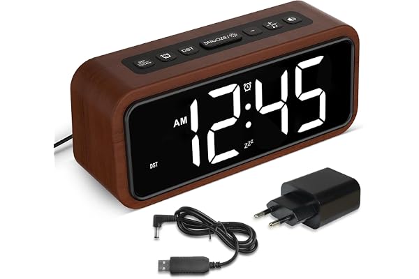 Stark sömnväckarklocka i trä med LED-display, 12 larmringar, 5 justerbara ljusstyrkenivåer, 5 volymer, manuell DST, brun, retro för sovrum