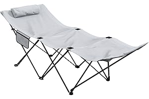 Outsunny Camping Bed for Adults, Single Folding Camp Bed with Headrest, Portable Camping Cot with Oxford Seat and Side Pocket for Outdoor, Travel, Fishing, Light Grey