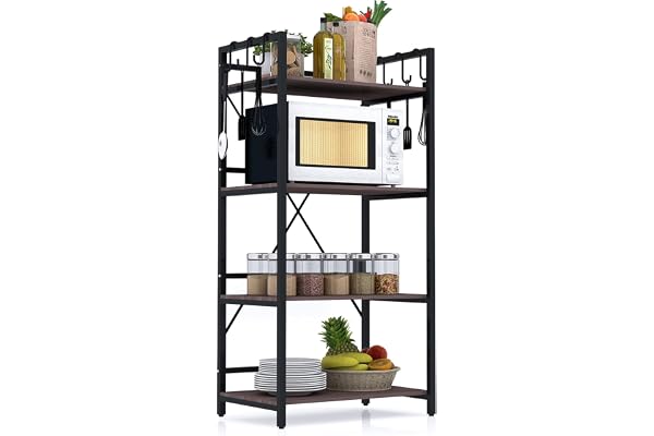 wow craft 4-Layer Kitchen Organizer Rack Multipurpose Microwave Stand for Kitchen Platform & OTG Oven Steel Utensils Storage Shelf with Hooks Engineered Wood & Metal Rack for Home (130x60x40 cm)
