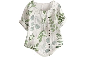 FunAloe Linen Tops for Women UK Elegant Summer Tops Casual Cotton and Linen Dandelion Print Button-Down O-Neck Short Sleeve T-Shirt Top Fitness Basic Tops Women Loose Tops Clearance Boho Tops
