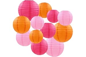 CC WONDERLAND ZONE 12pcs Hot Pink and Orange Paper Lanterns - Round Ceiling Hanging Paper Lampshades,for Birthday, Baby Shower, Wedding, Party Decorations (4", 6", 8", 10")