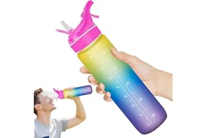 WOODFIB Sports Water Bottle with Spray Mist for Outdoor Hydration, 1L Motivational Water Bottle with Time Marker, Flip Straw & BPA Free Tritan Plastic, Ideal for Running, Fitness and Cycling
