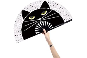 Amajiji Großer faltbarer Fächer, Chinease/japanischer Bambus und Nylon-Tuch, faltbarer Handfächer für Damen/Herren, Handfächer, Festival-Fächer, faltbarer Fächer, Tanz-Fächer (schwarze Katze)