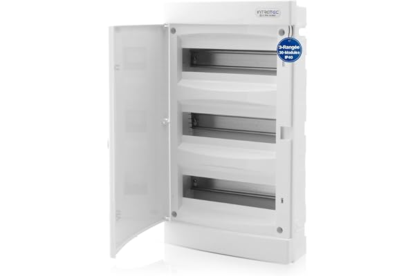 Intratec Coffret de Distribution Encastré 3 Rangée – Coffret IP40 pour 36 Modules avec Porte Blanc et Rail pour Installation Électrique Facile à Domicile & en Entreprise– 482 x 283 x 106mm