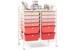 COSTWAY 12 Drawers Rolling Storage Cart, Home Office Stationary Utility Trolley with 4 Wheels, Multipurpose Mobile Organiser Shelving Unit for Makeup Beauty Salon (Gradient Pink)