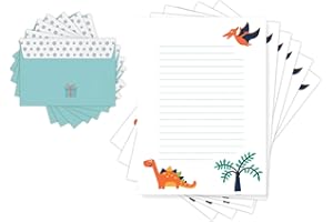 ‎FRIENDLY FOX Friendly Fox Kinder Briefpapier DINO, 20 Briefpapier Bögen inkl. Umschlag, DIN A4 Briefpapier mit Umschlag Kinder