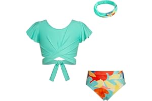 GRACE KARIN Maillot de bain pour fille - Maillot de bain à volants à manches courtes - Bandeau de bain - 3 pièces - Tankini - Short de bain avec bandeau