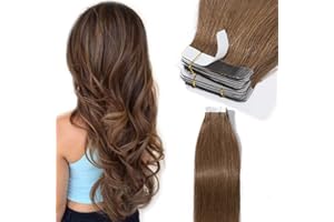 Elailite Tape in Hair Extensions Human Hair 40 pcs - Seamless Skin Weft Real Remy Hair Extension Straight (#6 Light Brown, 12 inches 80g)