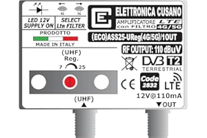 ELETTRONICA CUSANO (ECO) ASS25-UReg(4G/5G)/1OUT - Amplificatore Antenna TV con Filtro LTE 4G e 5G (Selezionabile), Amplificatore Antenna da Palo, 1 Ingresso UHF, Gain 25dB, Amplificatore Antenna 1 Uscita, Made in Italy