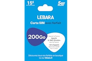 Lebara SIM, appels et SMS illimités France + 200Go en 5G+ 2h vers 43 pays , prête à l'emploi