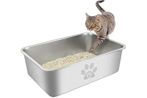 PTLOM Kuweta dla kota ze stali nierdzewnej, duża metalowa kuweta dla kota, odporna na zachlapanie, bezzapachowa i nieprzywierająca, narzędzie do czyszczenia zwierząt domowych，50x35x15cm