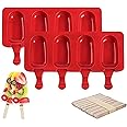 KASTWAVE 2 Pack Silicone Popsicle Moulds, Reusable 4 Cavities Homemade Ice Pop Moulds Red Oval, cake pop moulds with 40 Wooden Sticks for DIY Ice Popsicle, Easy Release Ice Pop Moulds