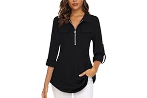 Gemulate Womens Tops 3/4 Sleeve Tops for Women Polo Top Floral Printed Shirts with Zip Up V Neck Tunic Blouse Basic Tops