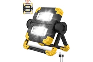 Gemokrt Projecteur Led Rechargeable, 3 Modes D'éclairage 2 COB Projecteur Led Portable Étanche, Rotation à 360° 1400LM lampe de chantier pour Chantier de Construction, Garage, Camping, Urgence