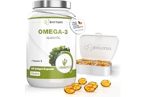 ‎BIOTARY Omega 3 Vegan aus Algenöl 140 Softgel Kapseln, 600 DHA & 300 EPA+ Vitamin E pro Tagesdosis, ca. 3 Monate Vorrat, inklusive Pillenbox, laborgeprüft, hohe Bioverfügbarkeit