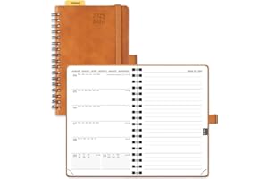 POPRUN Agenda De poche 2025 2026 A6 Semainier et Carnet de Notes D'Août 2025 à Déc 2026 Scolaire Petit Format 16 x 10,5 cm - Couverture Souple à Spirale, Papier 80g/m², Règle signet, Marron