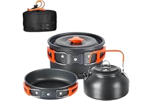 LASIEYO Camping Cookware Kit, Camping Cooking Set for 2-3 People, Portable Backpacking Non-Stick Pot,Pan and Kettle for Outdoor, Fishing, Hiking, Picnic, Travel