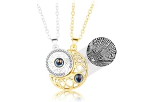 HMCEY Paare Halskette Sonne und Mond Freundschaftskette Magnetisch Anhänger Projektion Paare Halsketten Halskette Muttertag 100 Sprachen Ich Liebe Dich Schlüsselbein Halskette für Freunde und Liebhaber