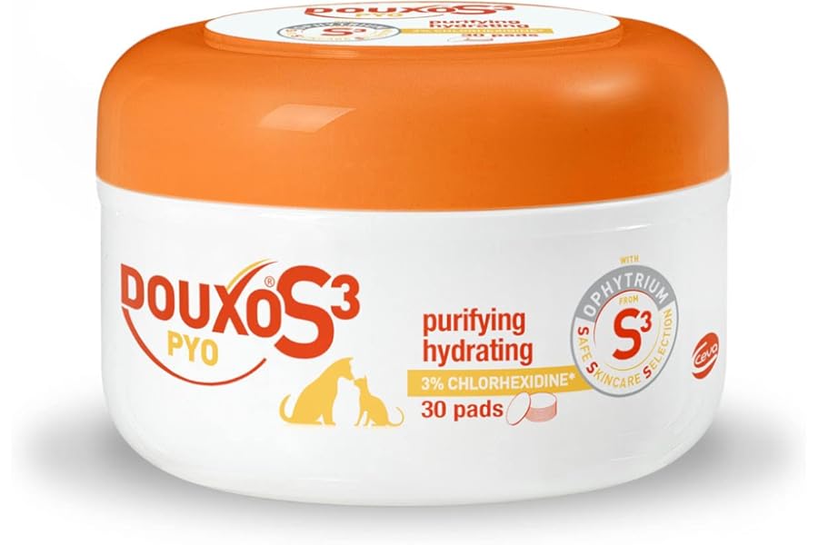 DOUXO S3 PYO Pads, Antibacterial & Anti-Yeast Dog And Cat Feet Wipes, Antiseptic Pads For Cats And Dogs, Soothing Pet Wipes for Cats And Dogs, Purifying & Hydrating Dog Wipes, 30 Pads