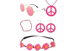 Heartsking 5 Stück Hippie Zubehör Set, 70er Jahre Kleidung Accessoires, Ankleidezubehör Hippie, 60er 70er Kostüm Zubehör für Halloween Mottopartys Disco Party
