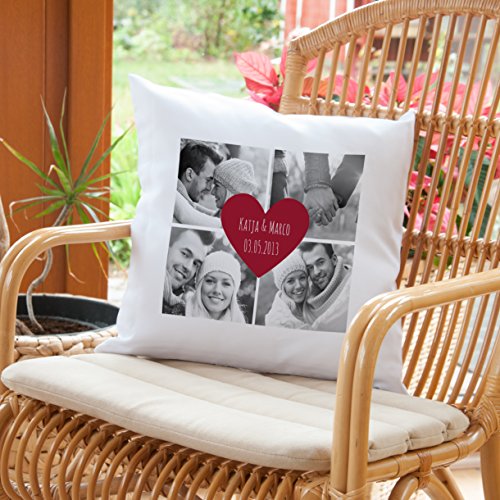 Personello® Fotokissen mit 4 Fotos (gratis schwarz-weiss Umwandlung), Datum und Namen im Herz personalisierbar, Fotogeschenk, mit Füllung, Geschenk zum Jahrestag, Geschenk für Freund - 3