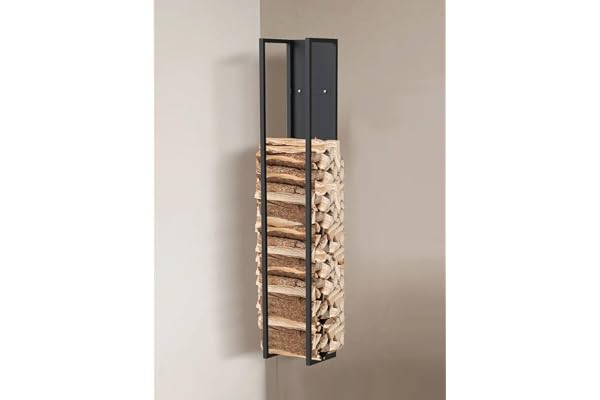 DanDiBo Vedhylla i metall, för inomhusanvändning, svart, med bakpanel, hängande vedkorg (höjd 140 cm)