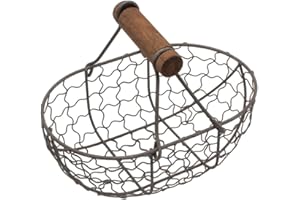 CABILOCK Filo di Metallo Cesto con Manico in Legno Vintage Country Style Pollo di Stoccaggio Arrugginito Raccolta Bin Contenitore Agriturismo Arredamento per Cucina