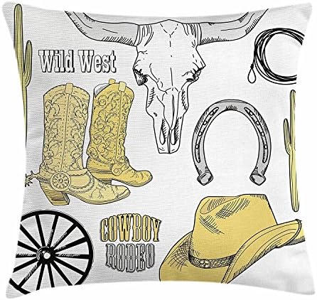 DCOCY Western Throw Pillow Cushion Cover, Cowboy Rodeo Accessories Skull Lasso Hat Vintage Wheel Horseshoe, Decorative Square Accent Pillow Case, 18 X 18 Inches, Light Brown Black Light Grey