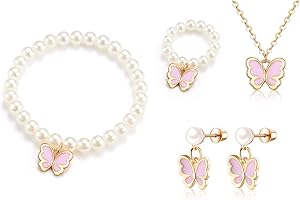 VYYU Girls Jewellery Set of 4 - Beautiful Pearl Earrings/Rings/Bracelet/Necklace for Kids, Cute Butterfly Charm Jewellery Gift for Little Girls, Christmas Birthday Gifts for Daughter Niece
