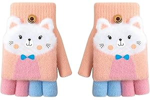 Cxryrzhe Kids Winter Gloves 6-15 Yrs for Boys Girls,Convertible Flip Top Gloves Cartoon Thermal Knitted Gloves Knit Fingerless Gloves Warm Stretchy Mitten Cover