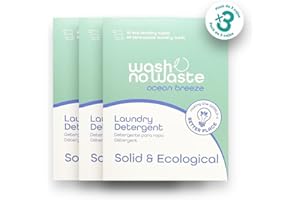 Wash no Waste - PACK 3. Tiras de Detergente para lavadora (192 lavados). Hipoalergénico y Biodegradable. Efecto suavizante. Gran poder de limpieza. Vegano y Cruelty Free. Plastic free. (Ocean Breeze)