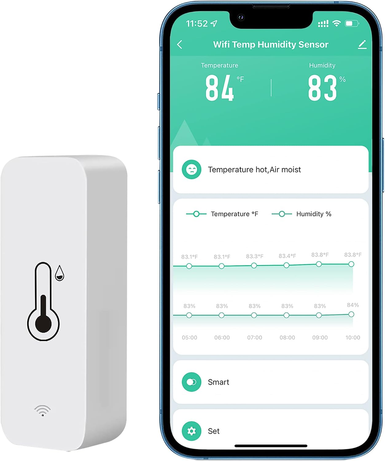 Comboss WiFi Hygrometer Thermometer Sensor, Wireless Temperature and Humidity Sensor for Indoor and Outdoor Use with Remote App Notification Alarm, Works with the Tuya App (1 Pack)