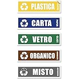 5+ 1 Adesivi per Raccolta Differenziata - Targhette impermeabili in vinile morbido, Mis. 15 x 4 cm Laminato Anti-UV, per secc