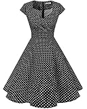 Marke: Bbonlinedress bbonlinedress 1950er Vintage Retro Cocktailkleid Rockabilly V-Ausschnitt Faltenrock Black Small White Dot S