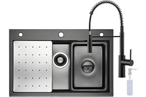 CECIPA Fregadero Negro(Antracita) con Grifo Cocina Muelle, 70x45 CM Fregadero de Acero Inoxidable con Dispensador de Jabón, Fregadero Cocina con Lavello Mobile e Tagliere, Cepillado