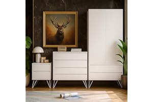 HARMIN Modern White Bedroom Furniture Set with Metal Hairpin Legs, 3-Piece Storage Collection, Wardrobe, 4-Drawer Chest, 2-Drawer Bedside Table