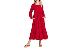 Arshiner Robes Fille Manches Lanterne Décontracté Col Rond Longue Robe Enfant A-Line Swing Robe de Soirée Festive avec Poche 6-14 Ans
