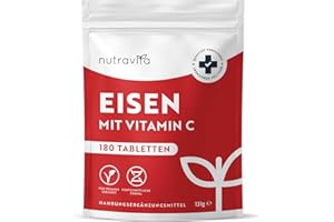 ‎NUTRAVITA Eisentabletten mit 40 mg Eisen + Vitamin C (80mg) - 180 vegane Tabletten - Eisen Vitamin C Hochdosiert - ohne unerwünschte Zusatzstoffe - 6 Monate Vorrat - Hergestellt von Nutravita