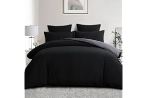 Aisbo Double Size Duvet Cover Set - 3Pcs Reversible Bedding Bed Set Black and Grey Double Soft Brushed Microfiber Quilt Cover with 2 Pillowcases 50x75cm