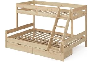 VitaliSpa Etagenbett Everest, Naturholz, 140x200 / 90x200 cm mit Schubladen