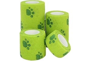 Cooliya 4 Rolls Elastic Non-Woven Pet Self-adhesive Bandage First Aid Medical Wrap for Dog，Cat，Horse (Green)