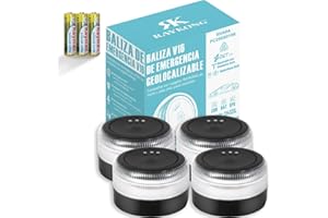 RAYKONG Baliza V16 Geolocalización DGT 3.0 | 2ª Generacion con indicadores LED | Luz Emergencia Coche - Moto Homologado por DGT | SIM y Datos Pagados hasta 2038 | 4 Unidades