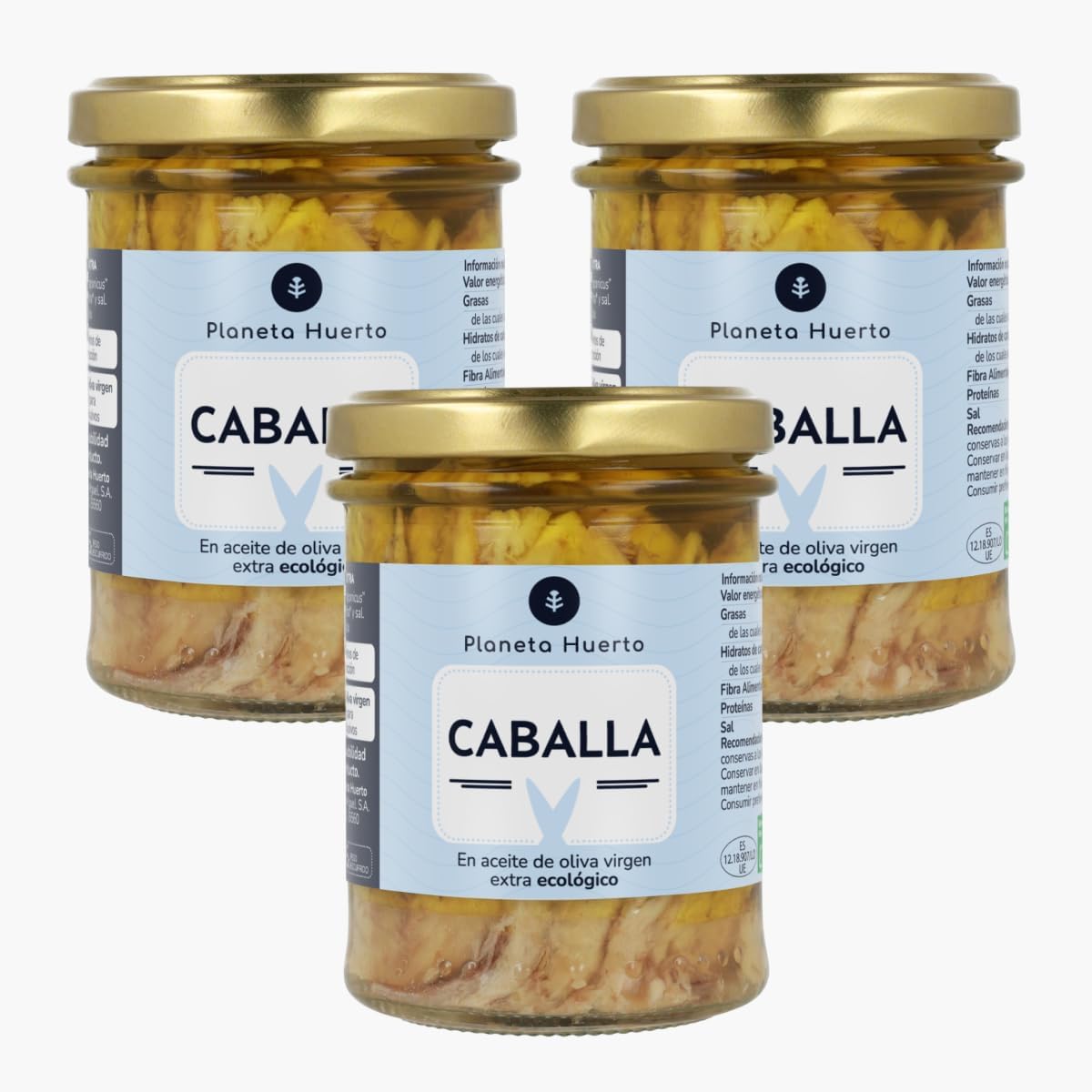 PLANETA HUERTO | Pack 3x Caballa en Aceite de Oliva Virgen Extra 190 g, Conserva Ecológica Artesanal - Caballa en Conserva Rica en Omega‑3 DHA, Fuente de Proteína Natural y Sabor Mediterráneo