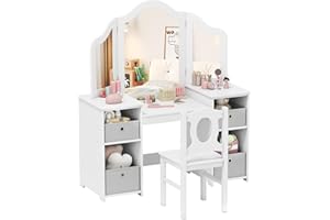 COSTWAY Kids Vanity Table and Stool Set, Princess Makeup Dressing Tables with Tri-Folding Detachable Mirror, 4 Storage Shelves, Wooden Children Study Desk for 3+ Years Old (White with Grey Bins)