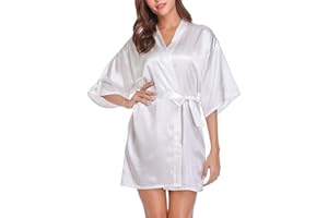 Wikoan Women's Satin Robe Summer Silk Dressing Gowns,Bathrobe Nightdress Short Style Bridal Robe with Oblique V-Neck