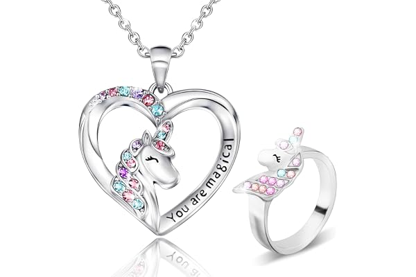 2 st enhörningshalsband enhörning ring för kvinnor flickor, CZ sten hjärta hänge halsband, du är magisk enhörning smycke gåva till dotter barnbarn systerdotter, passar jul födelsedagsfest, Zink, Strass